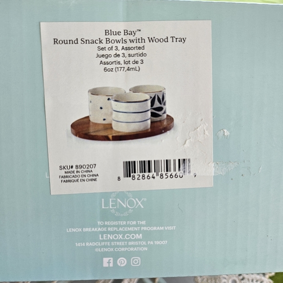 Lenox Blue Ray Round Snack Bowl with Wood Tray - Picture 4 of 9